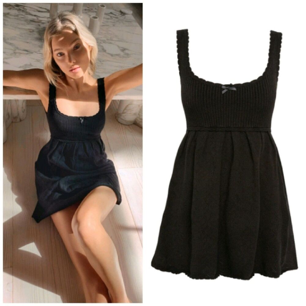 FOR LOVE & LEMONS BLACK SWEATER KNIT BABY DOLL MINI DRESS SIZE LARGE